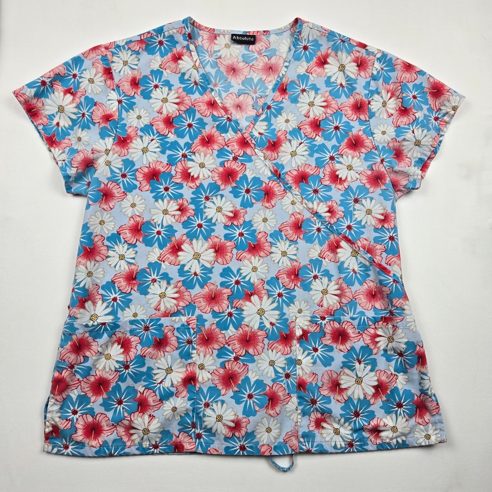 Absolute Floral Scrub Top Women's Small Blue Pink Tropical Hibiscus Mock Wrap S